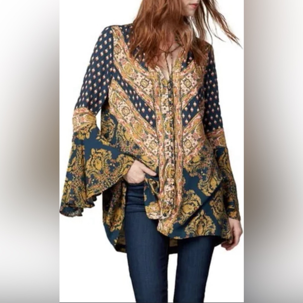 FREE PEOPLE FP Magical Mystery Top Mini Dress Tunic Teal Fall Vintage EUC XS